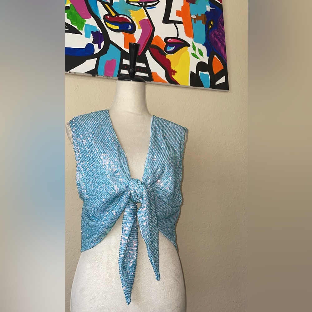 Free People “IN YOUR LIGHT” Blue Sequin Crop Top